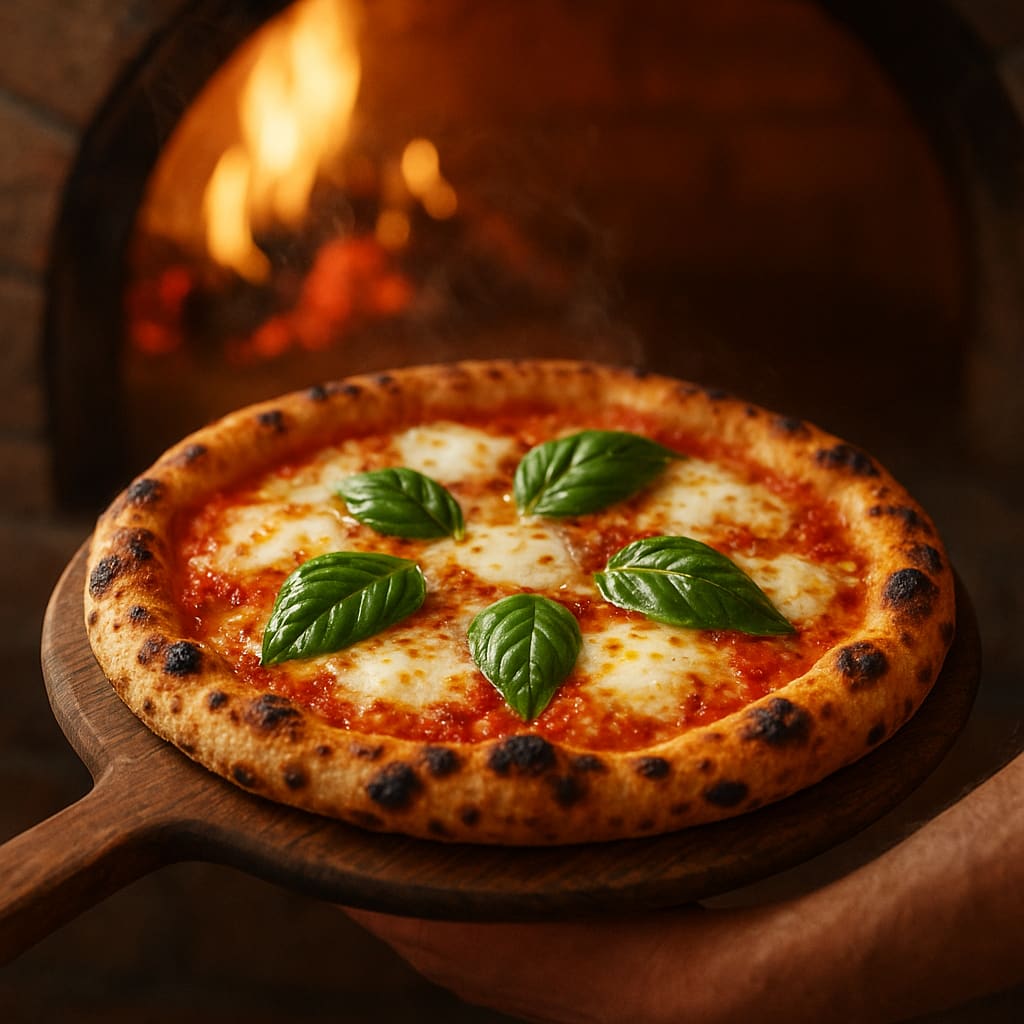 Frisch gebackene Holzofenpizza wird aus dem Ofen geholt